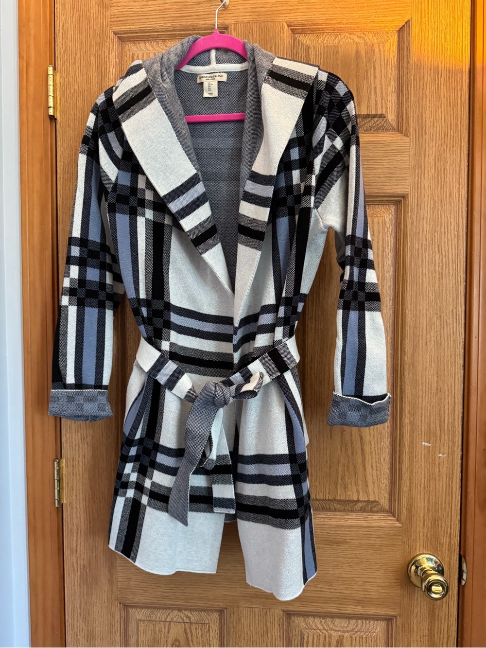 Christian Siriano Plaid Hooded Belted Cardigan Sweater Coat Large